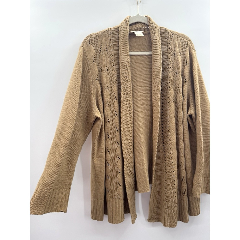 VTG Cardigan Womens 1X Cashmere Merino Wool Pointelle Knit Camel Open Front Luxe